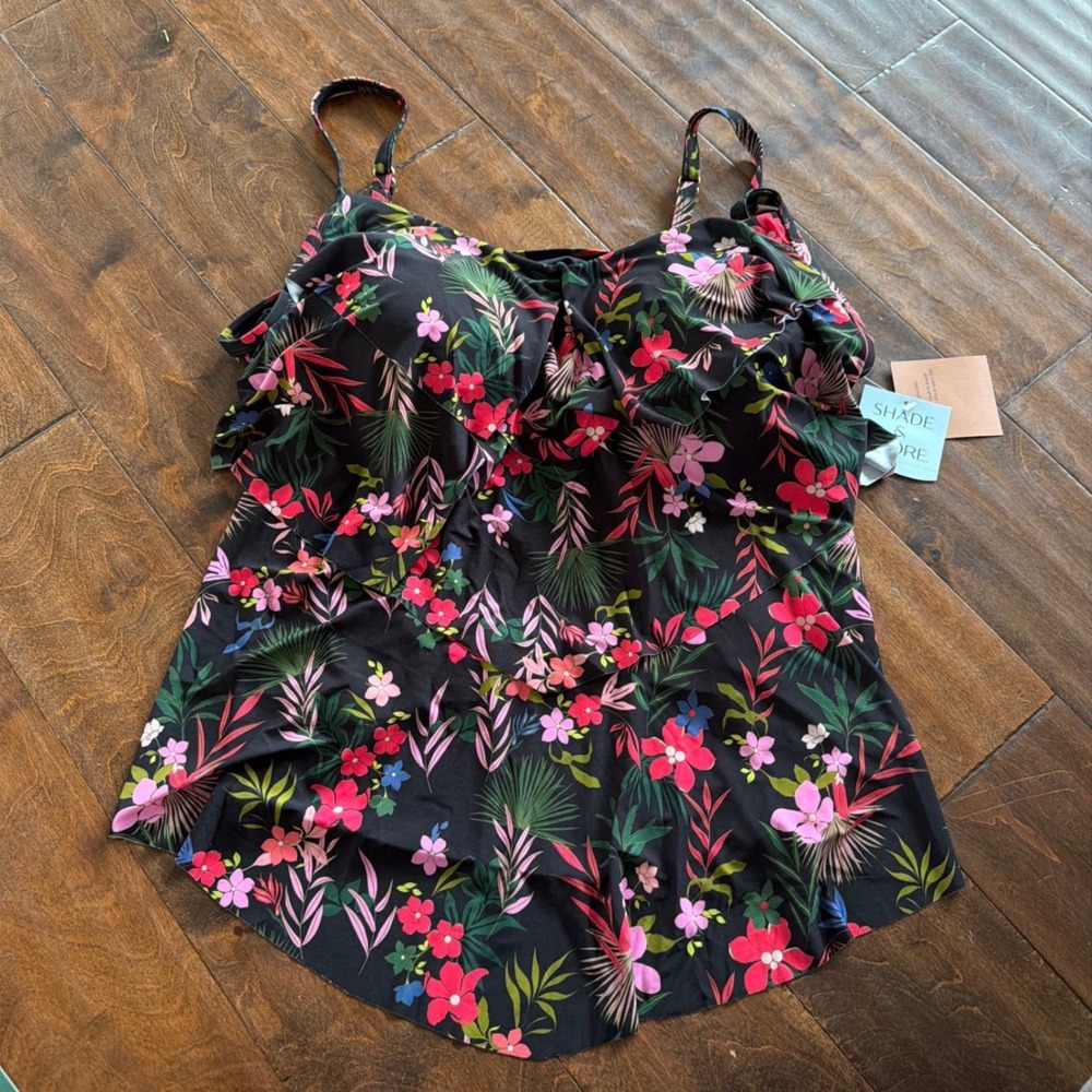 Shade & Shore Womens Tropical Floral Ruffle Tankini Top Black 1X NWT